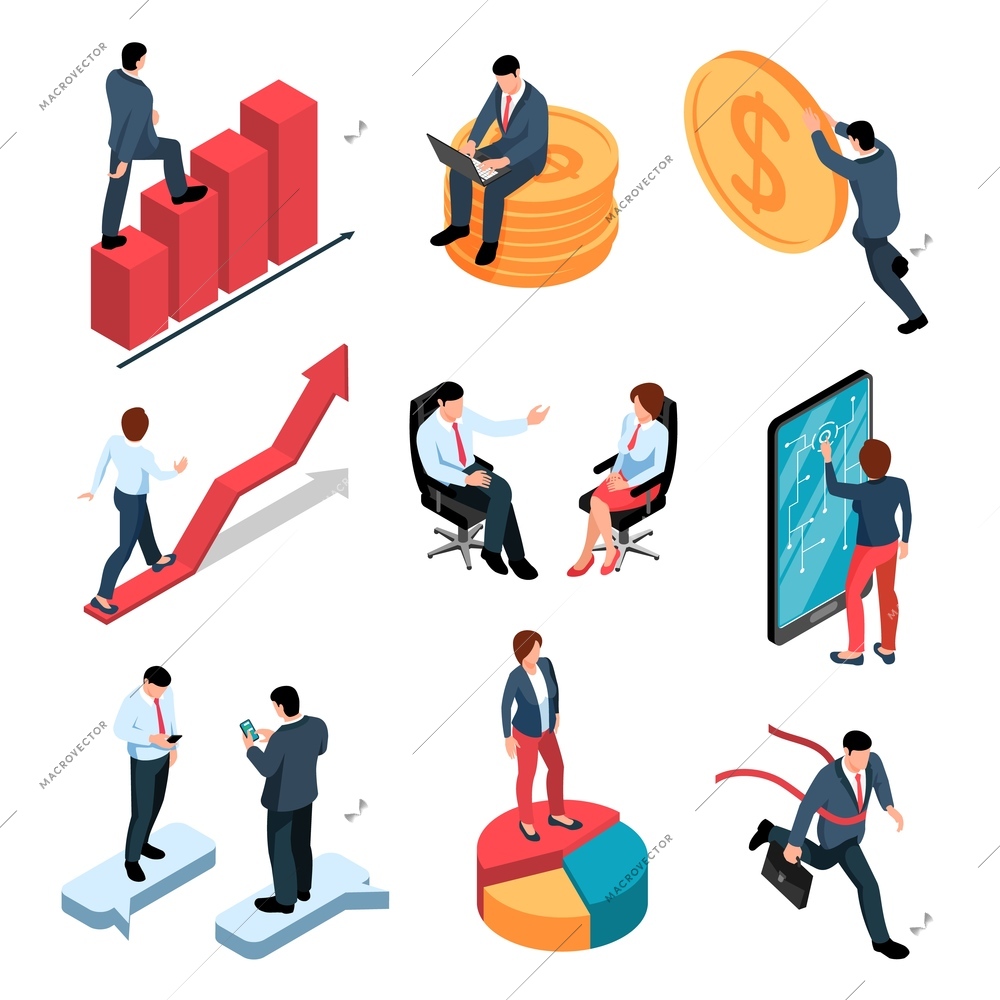 Businesspeople isometric icons set with male and female persons and money and business symbols isolated vector illustration