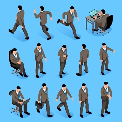 Men poses isometric icons set with male characters in business suits going to job and sitting at work place isolated vector illustration