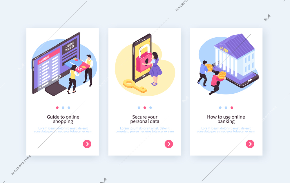 Isometric online mobile banking vertical banners collection with text buttons and images of people and electronics vector illustration