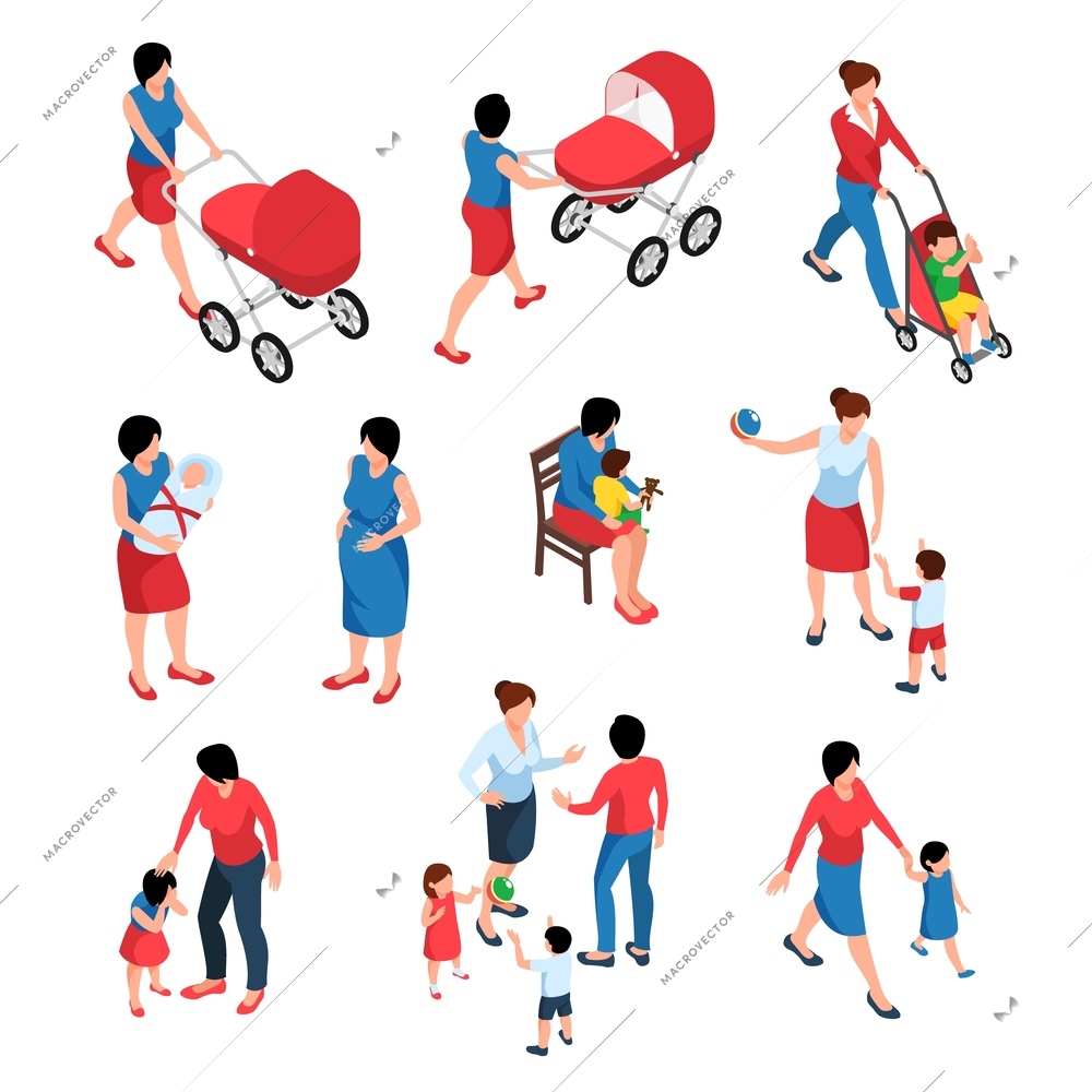 Motherhood  isometric set of young women babysitting their little children and newborn isolated vector illustration