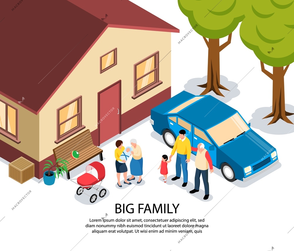 Big family isometric vector illustration with grandma and grandpa congratulating young parents with newborn near their house