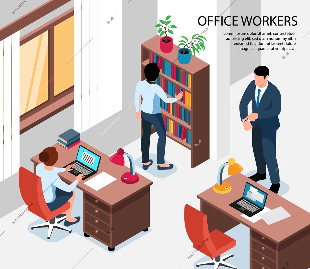 Office workers isometric vector illustration with employees sitting at their work places and boss showing at end of working day