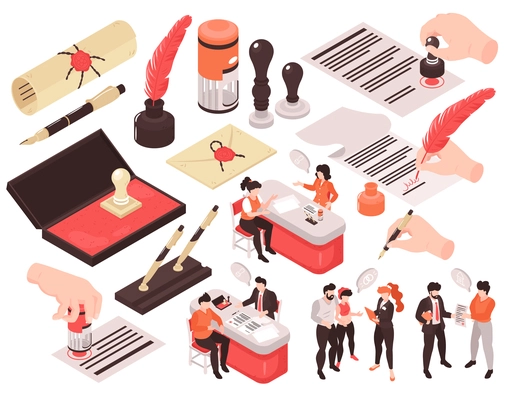 Isometric notary services set of isolated images with human characters thought bubbles and hands with pens vector illustration