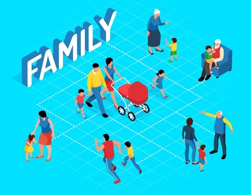 Family isometric flowchart with adults playing with their kids and walking parents carrying troller with newborn vector illustration