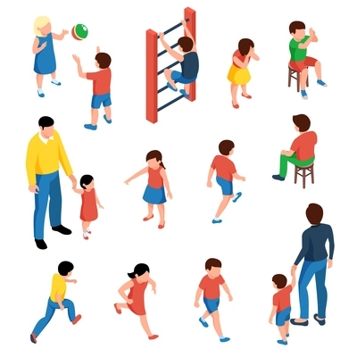 Baby and kids isometric icons set with preschool children playing on playground  isolated vector illustration