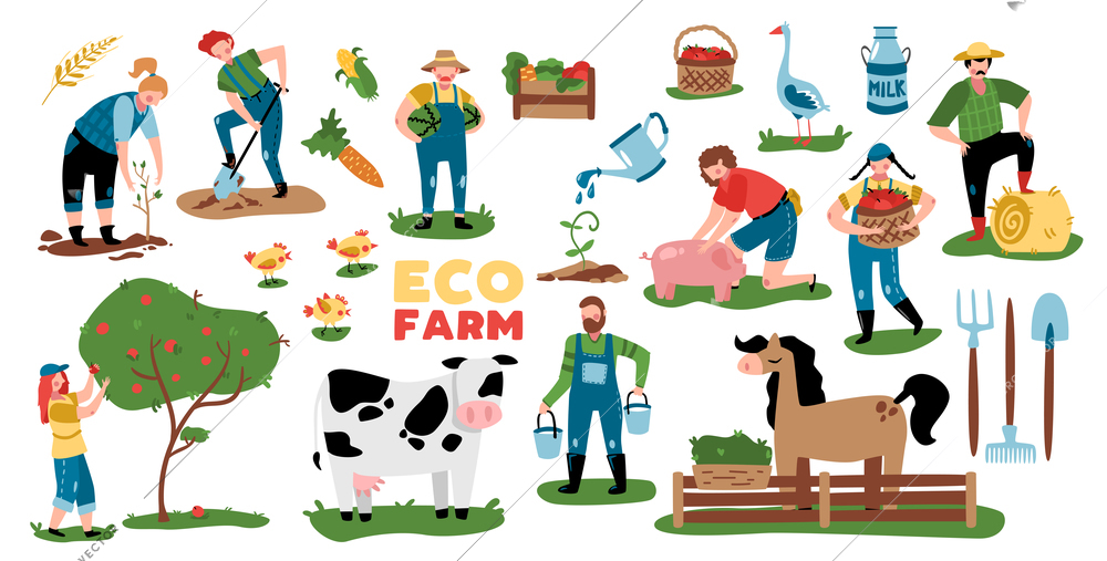 Eco farming set of isolated images with plants farm animals equipment and doodle characters of people vector illustration
