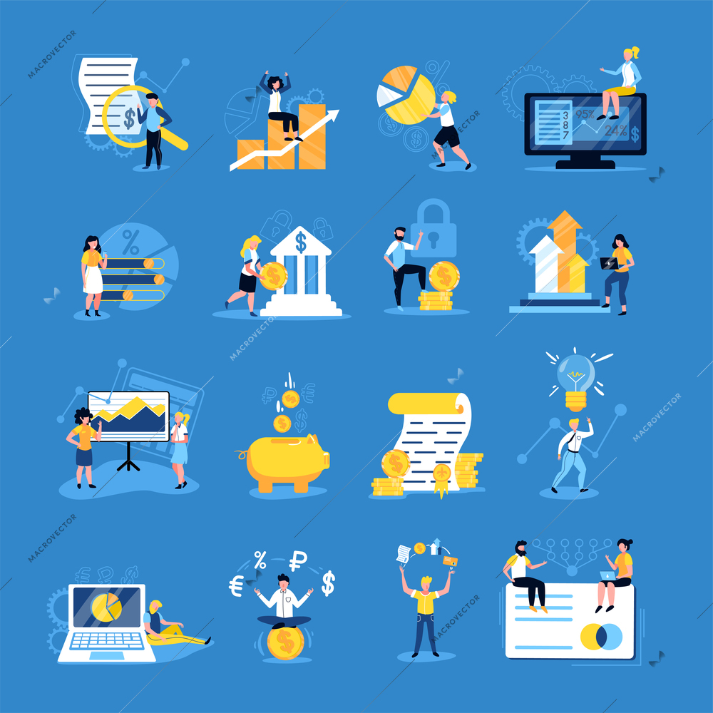 Accounting set of isolated conceptual icons with infographic elements coins currency symbols and people with pictograms vector illustration