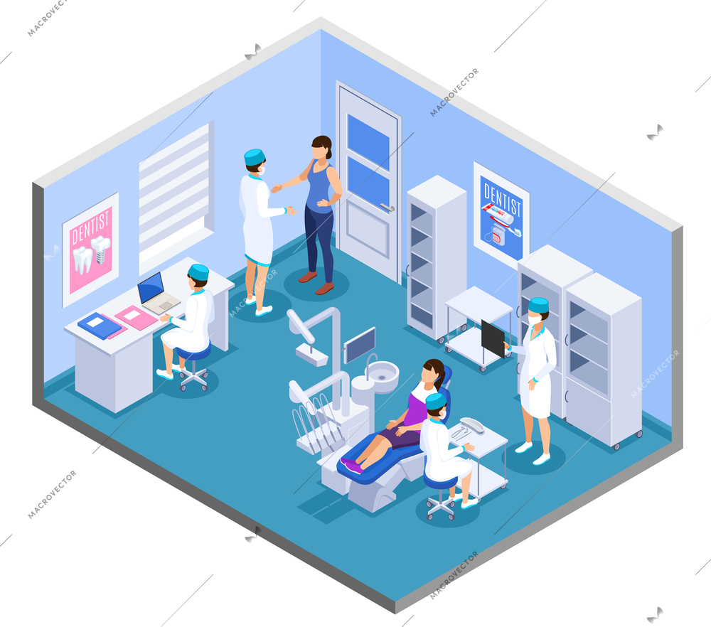 Dental clinic practice office interior isometric composition with dentist medical assistants patient treatment equipment furniture vector illustration