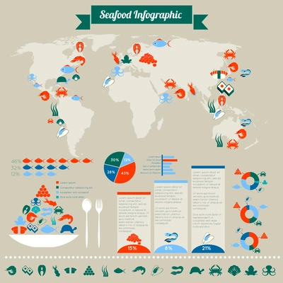 Seafood infographic chart of global sea fish crab shrimp seaweed cosumption and distribution layout design vector illustration