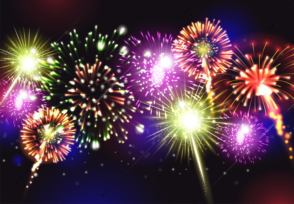 Fireworks realistic background with party celebration snd joy symbols vector illustration