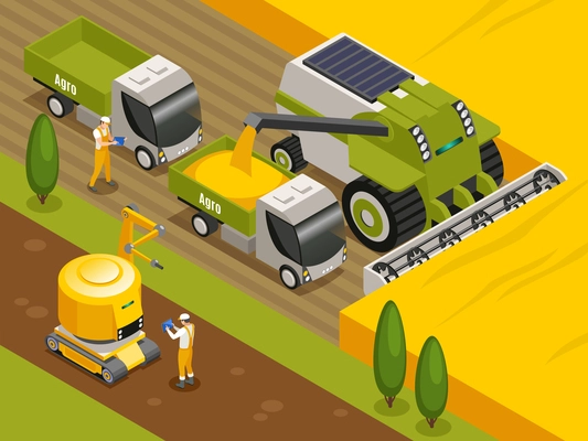 Agricultural robots isometric composition with automated remote controlled combine harvester threshers working in wheat field vector illustration