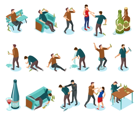 Alcoholism dependance features symptoms people isometric icons set with wine bottles drinking domestic violence nausea vector illustration