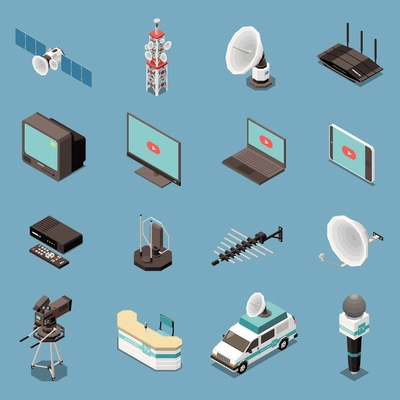 Isometric set of icons with various telecommunication equipment and devices isolated on blue background 3d vector illustration