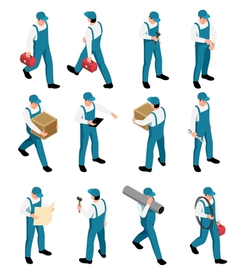 Workers isometric icons set with male characters in uniform with tools in different poses isolated vector illustration