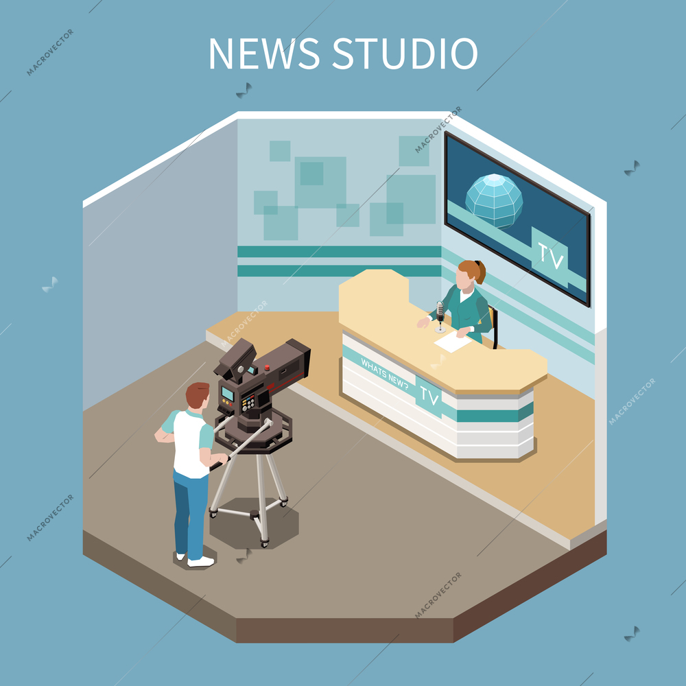 Telecommunication isometric composition with shooting news programme process in studio 3d vector illustration