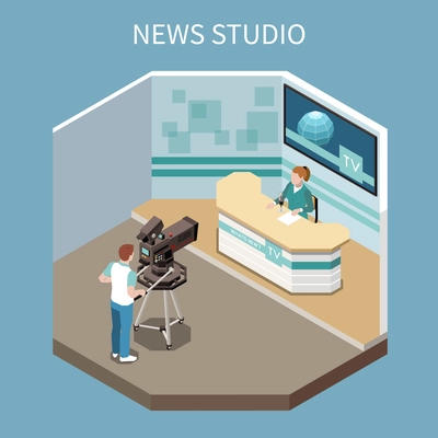 Telecommunication isometric composition with shooting news programme process in studio 3d vector illustration