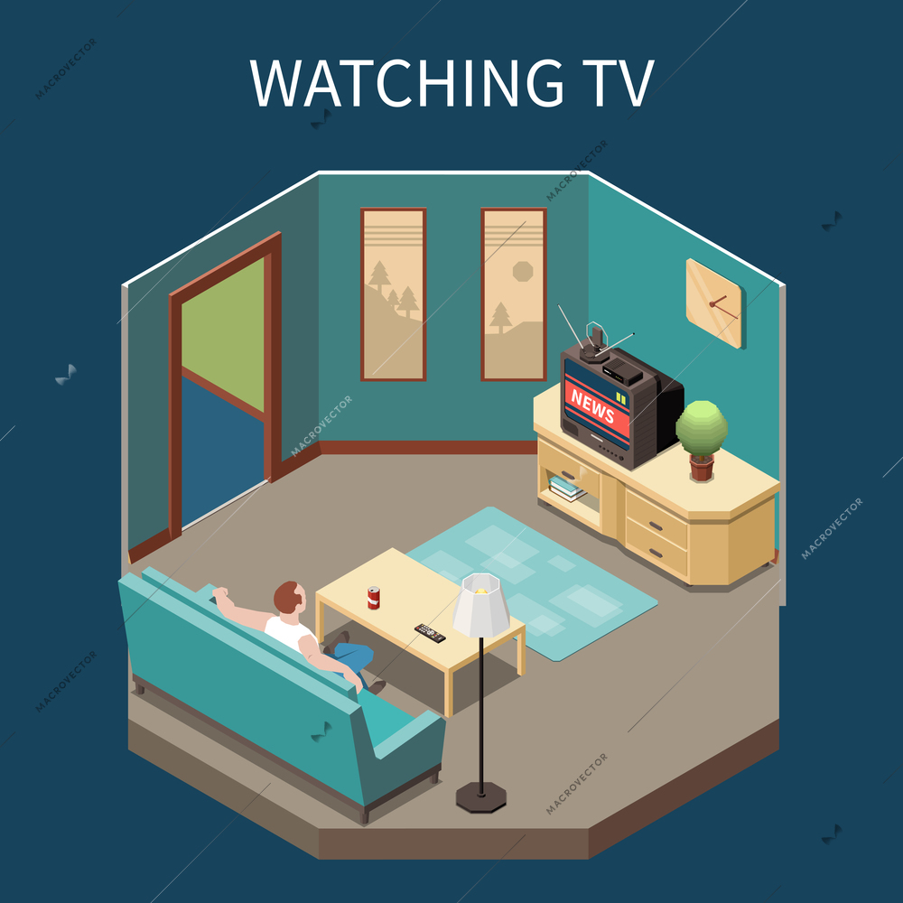 Telecommunication isometric composition with man watching news at home 3d vector illustration