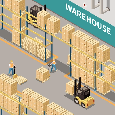 Warehouse shelves with cardboard boxes forklift and two workers 3d isometric isolated vector illustration