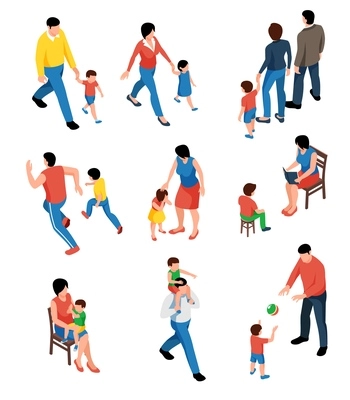 Family isometric set with parents playing and walking with their kids isolated vector illustration