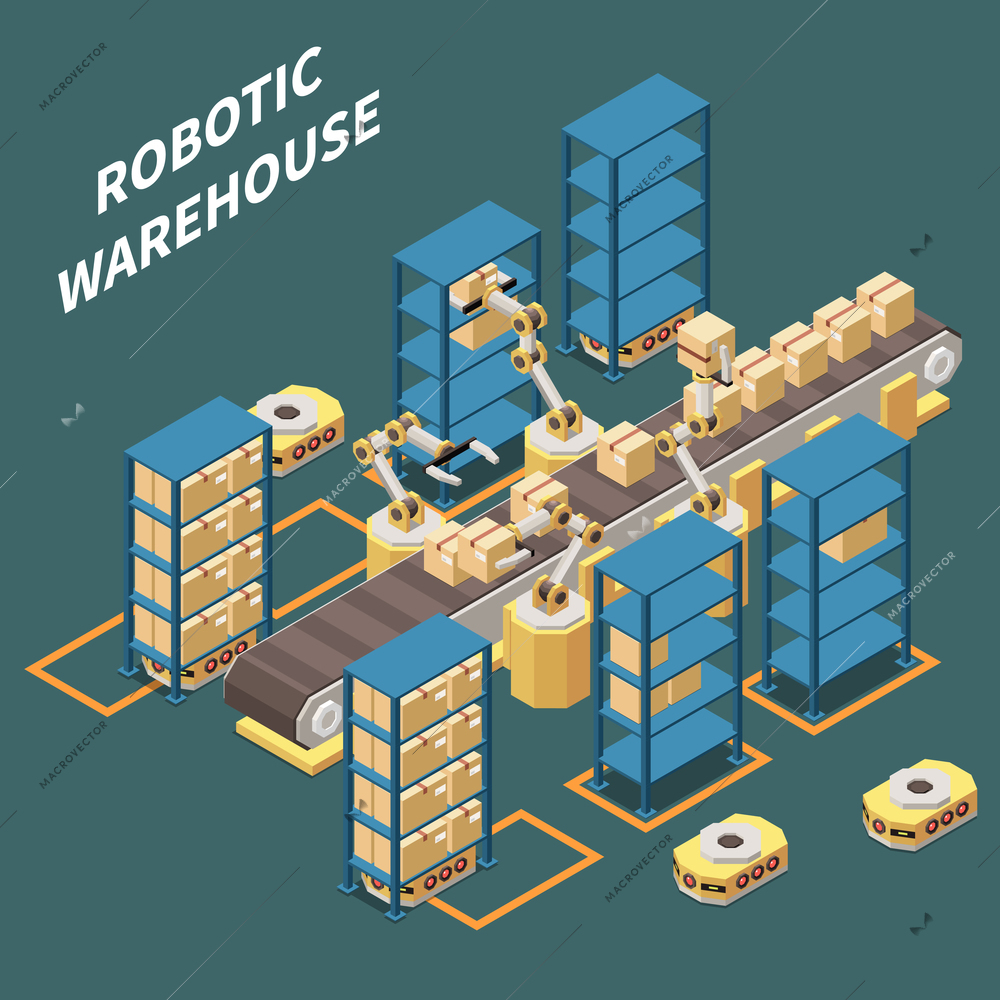 Robotic warehouse isometric composition with robot packaging goods 3d vector illustration