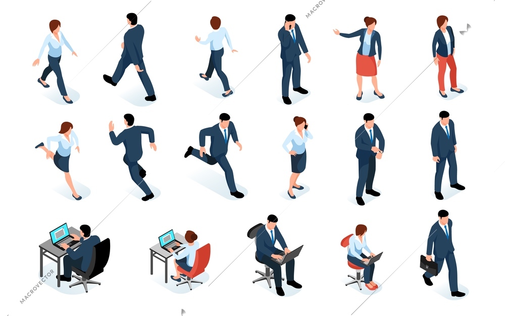 Business men and women isometric set of male and female characters in business suits and different poses isolated vector illustration