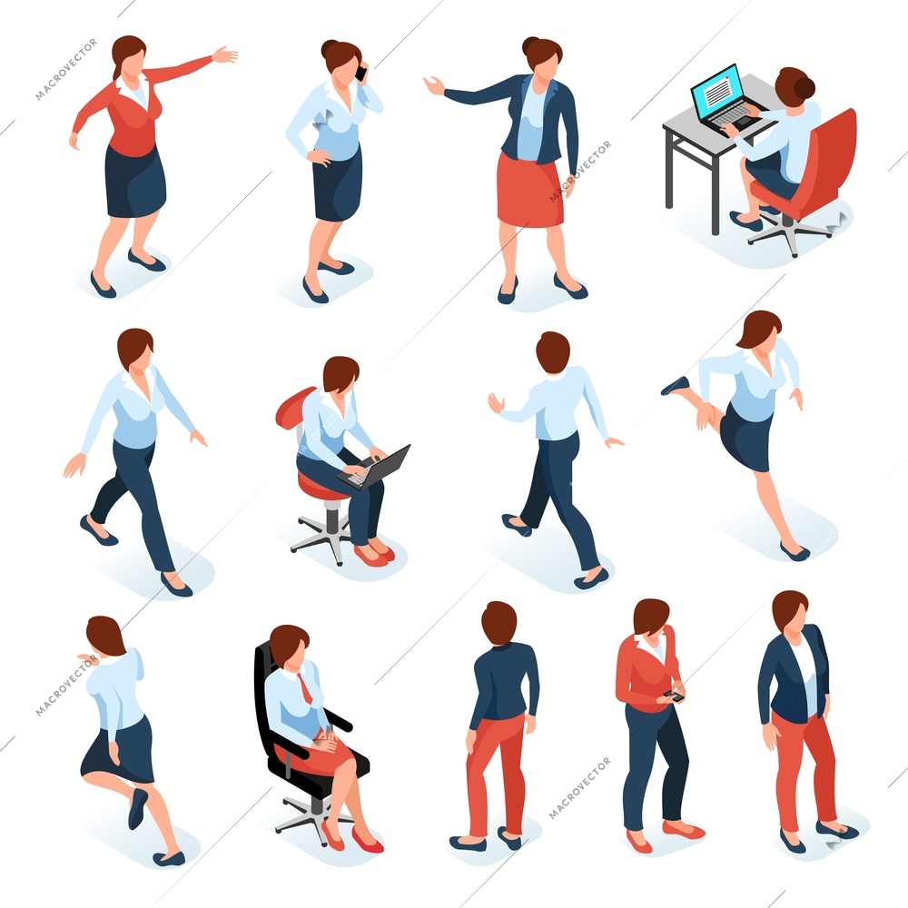 Businesswomen isometric colored set of female characters in different poses at work place isolated on white background  vector illustration