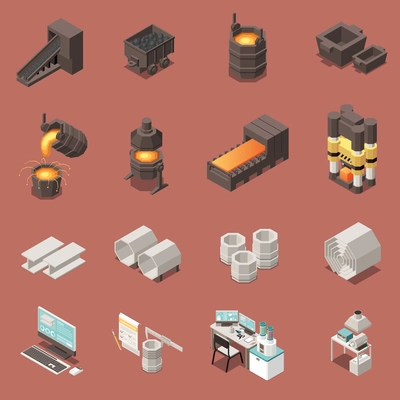 Isometric icons set with metal industry equipment 3d isolated vector illustration