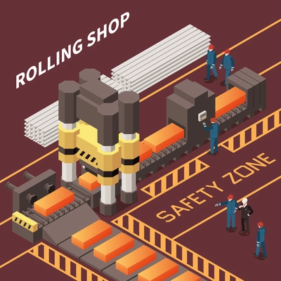 Isometric composition with workers in rolling shop in metal industry factory 3d vector illustration