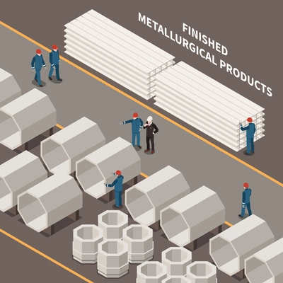 Metal industry isometric composition with workers and metallurgical products 3d vector illustration