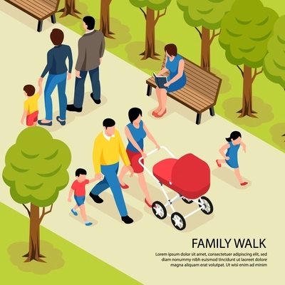 Family walk isometric vector illustration with young parents walking in city park with newborn and little son