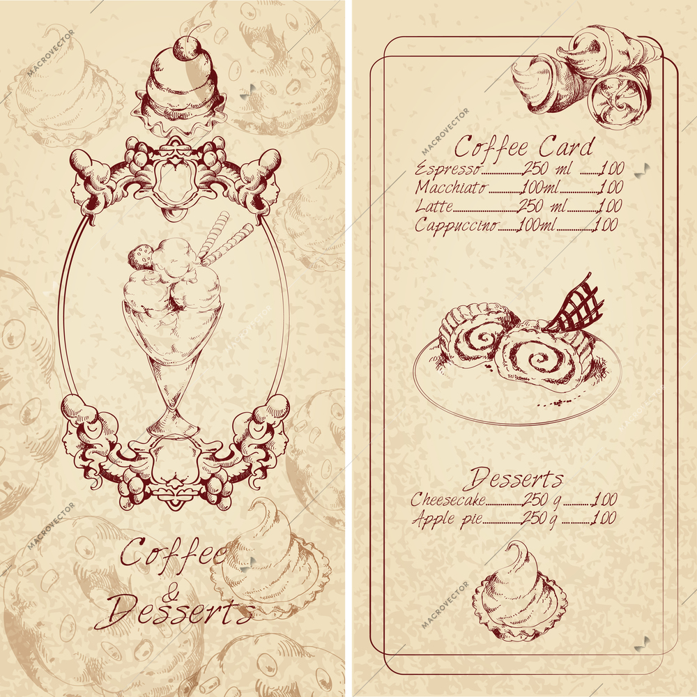 Food sweets ice cream cakes sketch colored desserts menu template vector illustration.