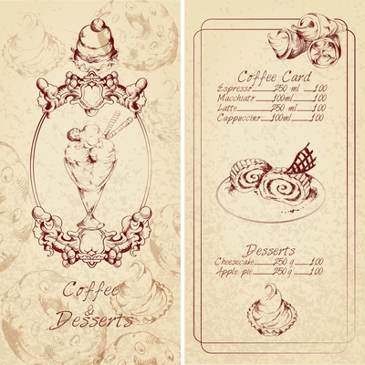 Food sweets ice cream cakes sketch colored desserts menu template vector illustration.