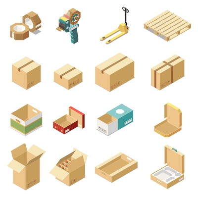 Isometric set with cardboard boxes for various kinds of goods and products isolated on white background 3d vector illustration