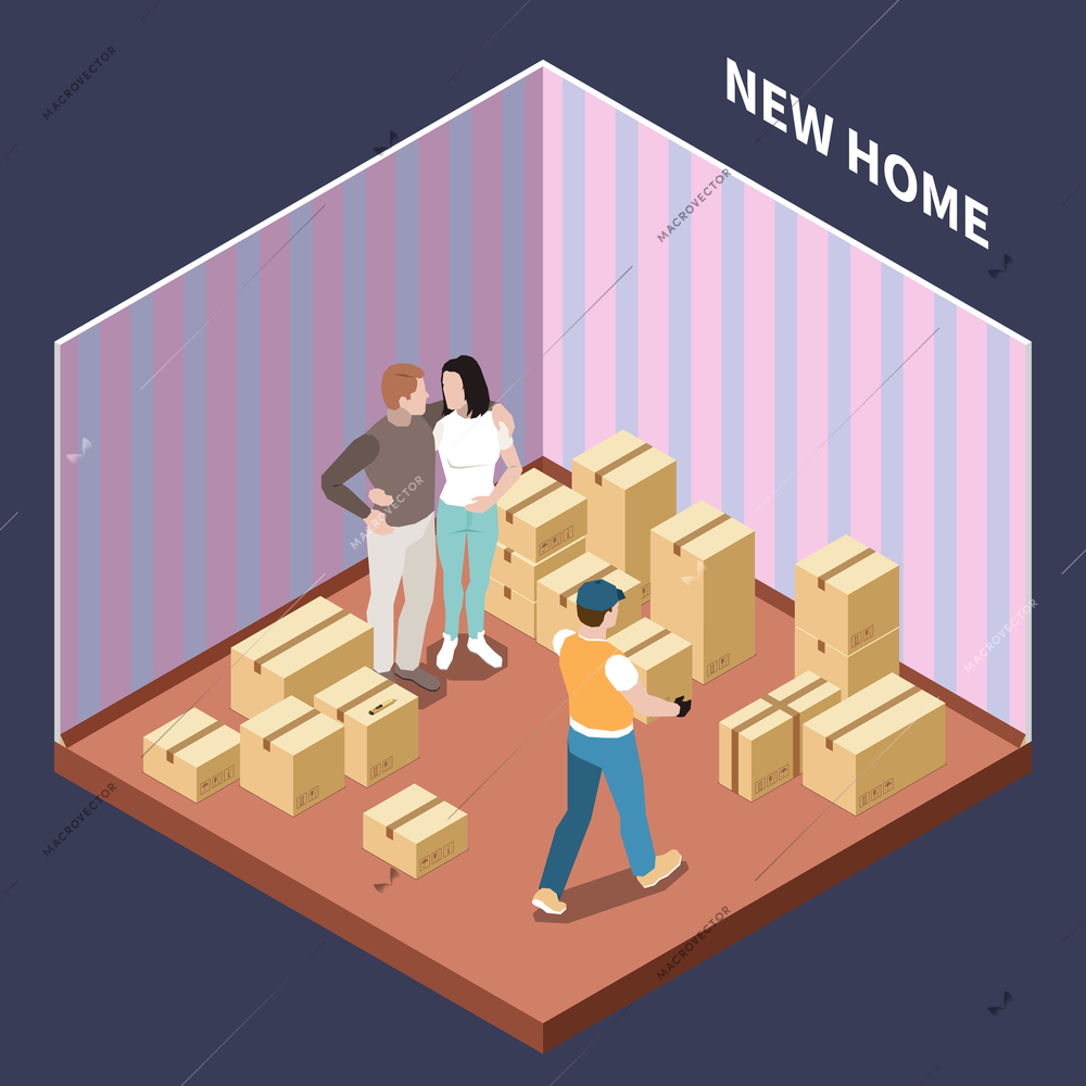 Isometric composition with couple moving to new house with cardboard boxes 3d vector illustration