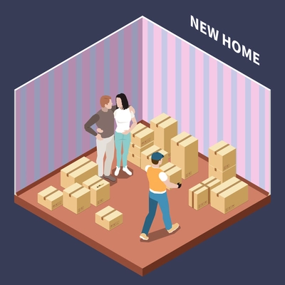 Isometric composition with couple moving to new house with cardboard boxes 3d vector illustration