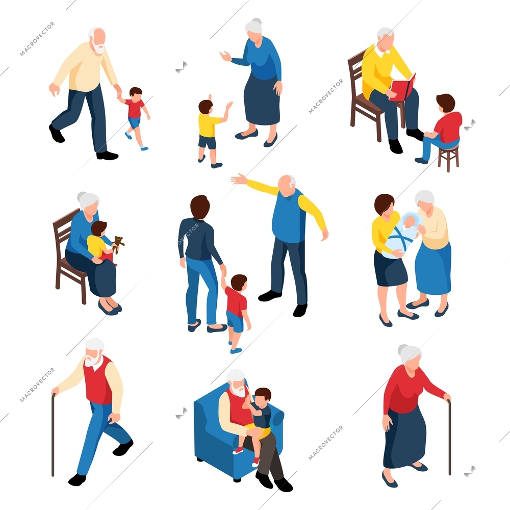 Family isometric set with grandmother and grandfather babysitting their grandchildren isolated vector illustration