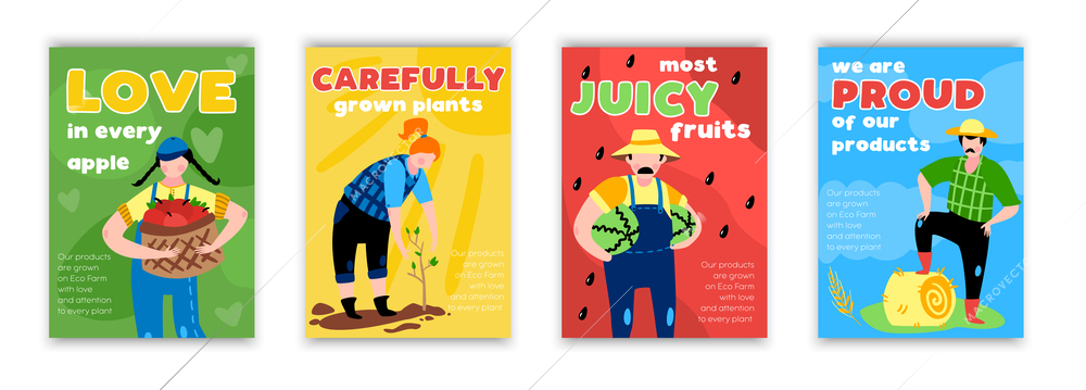 Set of four vertical eco farming posters with colourful hand drawn style pictures of happy farmers vector illustration