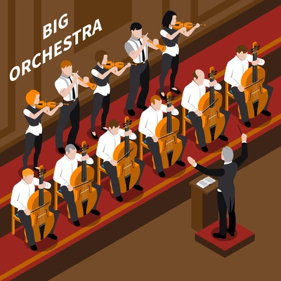 Orchestra musicians and conductor performing at classical music concert isometric composition 3d vector illustration