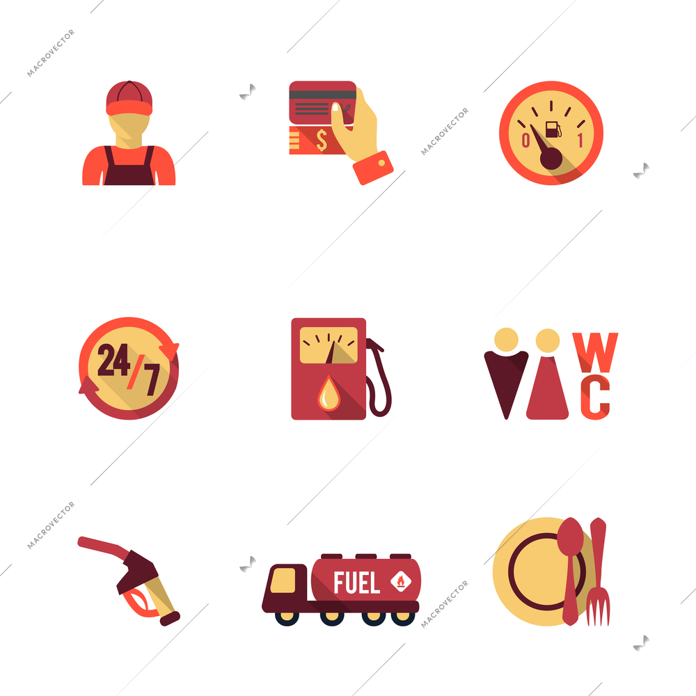 Gas petrol fuel pay at the pump 24h availability station icons set flat isolated abstract vector illustration