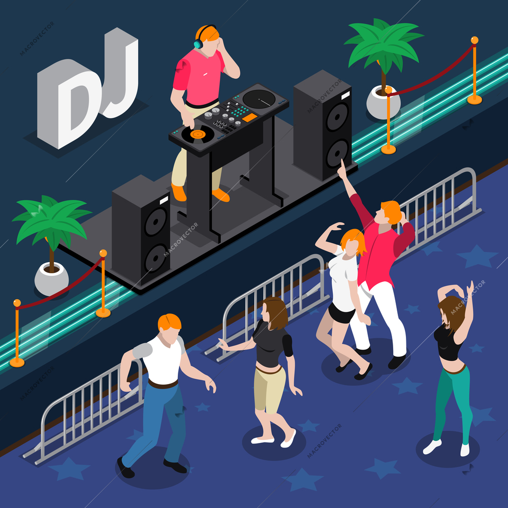 Isometric composition with people dancing at party to music of dj musician 3d vector illustration