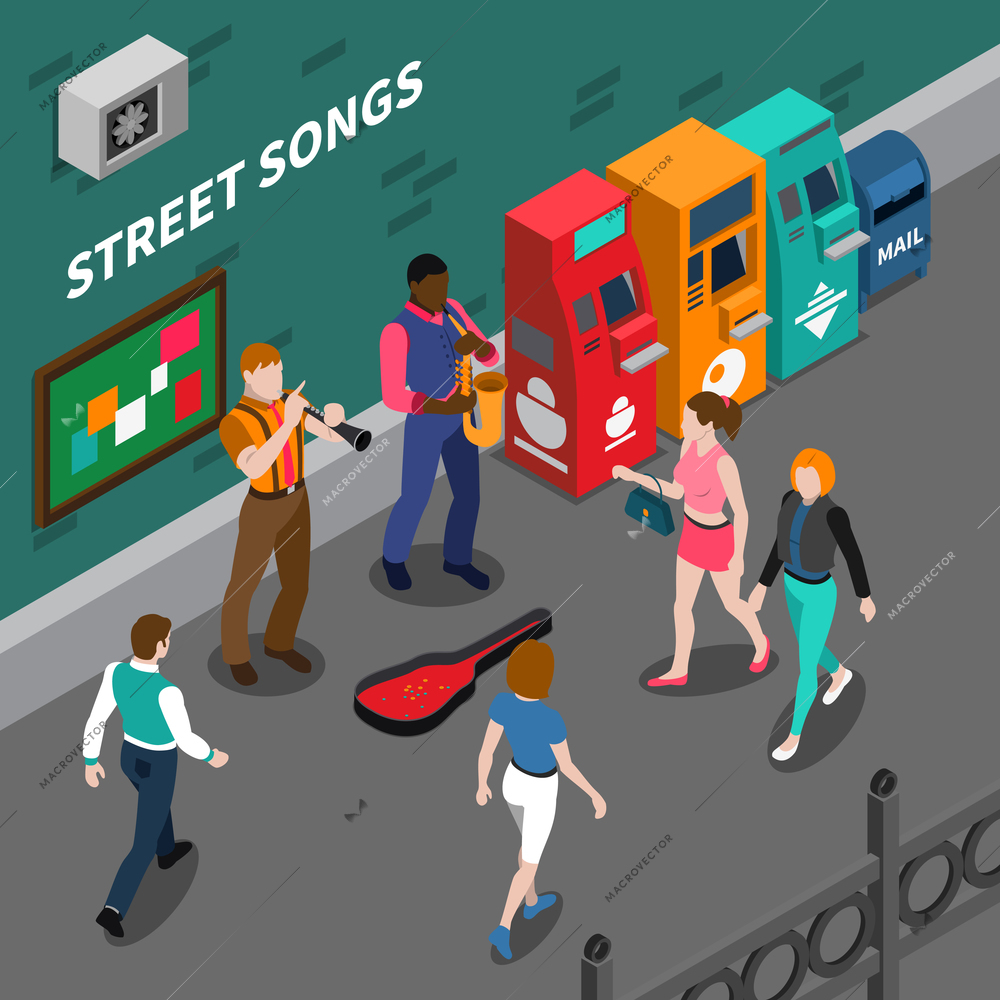 Isometric composition with street musicians playing musical instruments 3d vector illustration