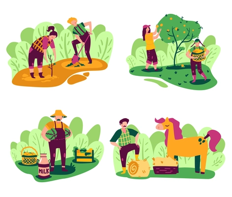 Eco farming compositions set with outdoor scenery and working people characters with domestic products and plants vector illustration