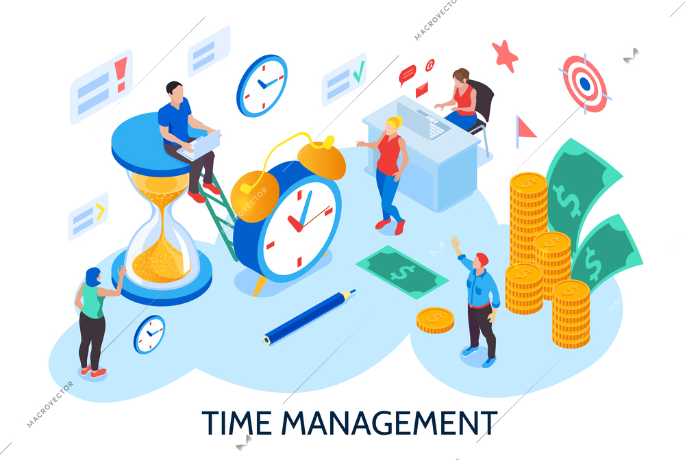 Time management design concept for planning and organization of working time without interruption and procrastination isometric vector illustration