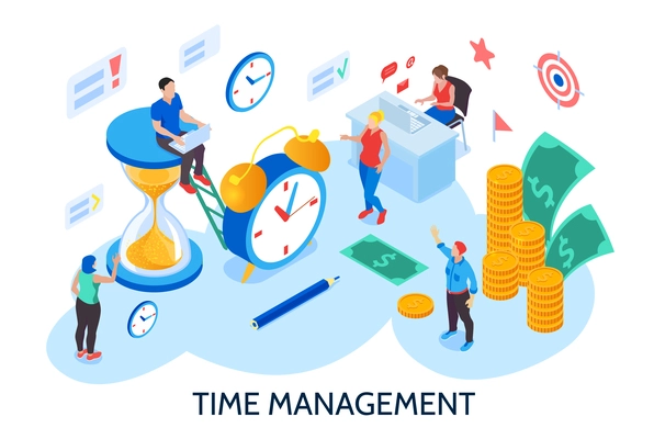 Time management design concept for planning and organization of working time without interruption and procrastination isometric vector illustration