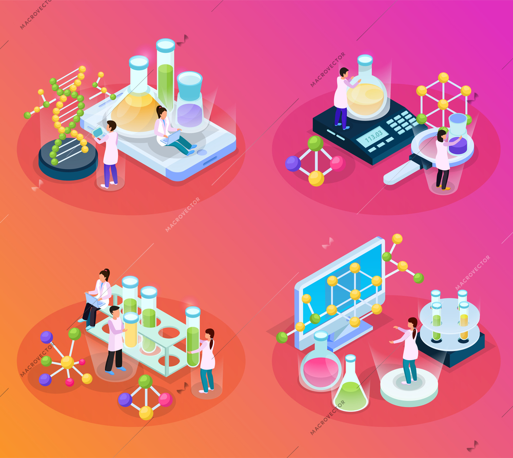 Science research isometric glow 4x1 set with compositions of chemical molecule images lab elements and people vector illustration