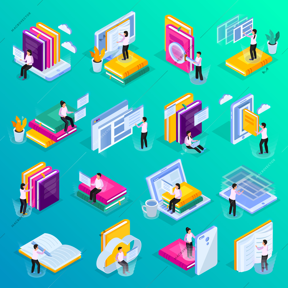 Online education isometric glow icons with electronic library images piles of books computer screens and people vector illustration