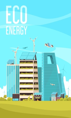 Smart city power efficient infrastructure  cluster buildings using eco energy flat vertical promotion background poster vector illustration