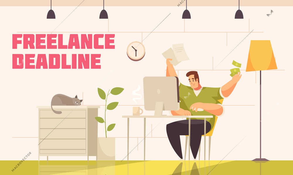 Desperate freelancer meeting tough deadline behind computer home with cat coffee extra hands flat comics vector illustration