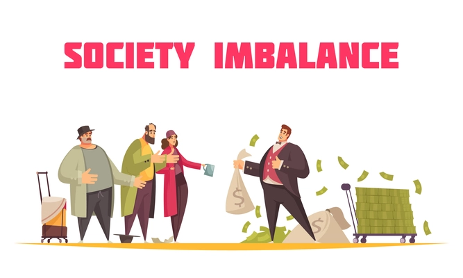 Society imbalance flat cartoon horizontal composition with rich man holding sack dollars and poor beggars vector illustration