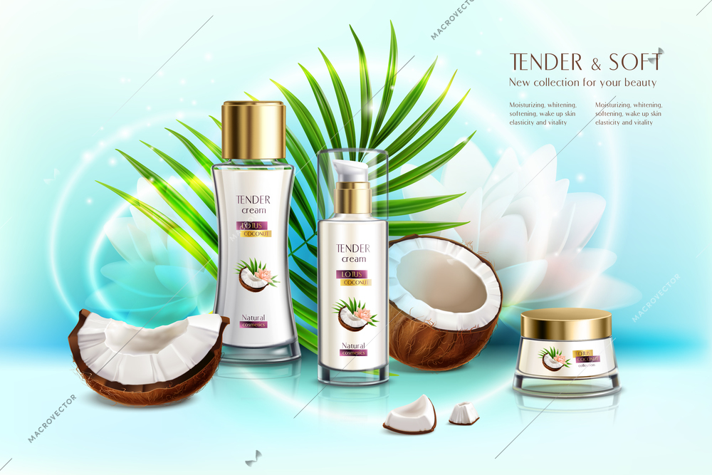 Coconut organic cosmetics beauty products promotion realistic composition with body cream and anti age lotion vector illustration